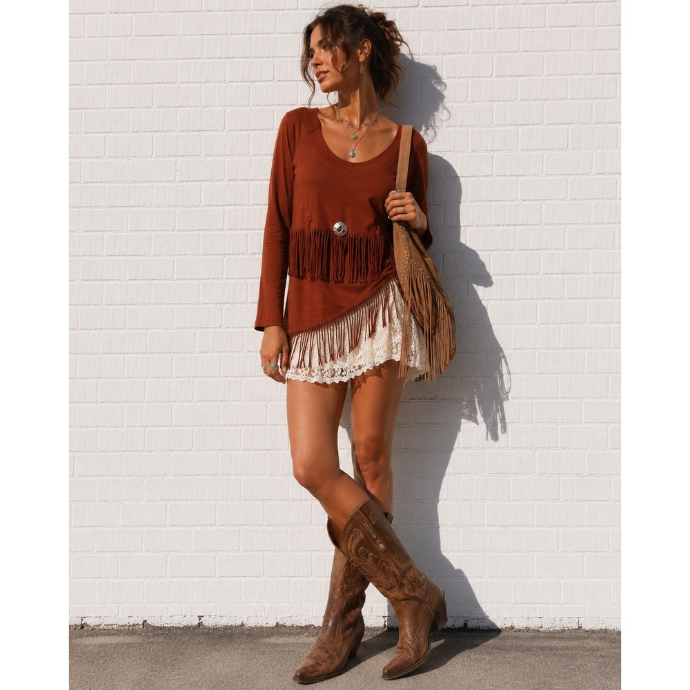 Vintage Western Fringe Tunic Top Rust Brown Boho Cowgirl Concho Size L‎